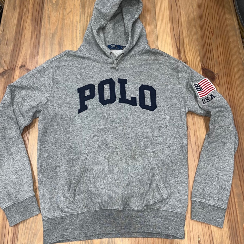 Polo Ralph Lauren Mens Gray Fleece Hoodie USA Flag Patch Logo Size M
